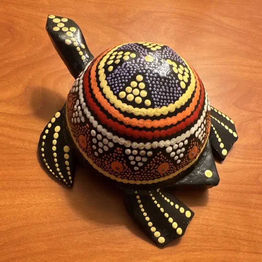 Handmade Hand-Painted Wooden Turtle Figurine Bali Dot Pattern Art -bobble head
